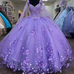 Formal Dresses Over 56, 3D Flowers Tulle Sweetheart Ball Gown Quinceanera Dresses Purple With Cape