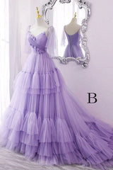 Formal Dresses Long Elegant Classy, A Line V Neck New Style Tiered Long Tulle Prom Dress, Evening Gown with Flower