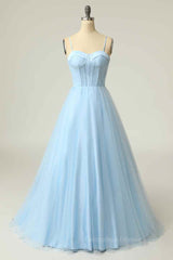 Bridesmaid Dresses Summer, Light Blue A-line Boning Adjustable Spaghetti Straps Tulle Long Prom Dress