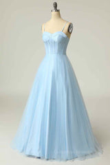 Bridesmaid Dresses With Sleeves, Light Blue A-line Boning Adjustable Spaghetti Straps Tulle Long Prom Dress