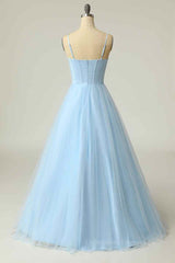 Bridesmaid Dresses Green, Light Blue A-line Boning Adjustable Spaghetti Straps Tulle Long Prom Dress