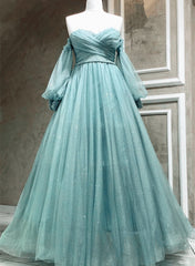 Bridesmaid Dresses Custom, Light Blue A-line Long Sleeves Party Dress with Lace, Sweetheart Long Prom Dress