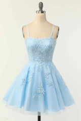 Gala Dress, Light Blue A-line Spaghetti Straps Lace-Up Back Applique Mini Homecoming Dress