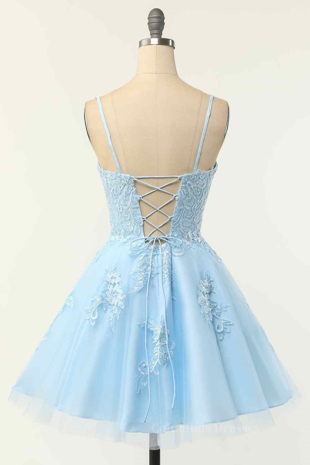 Rustic Wedding Dress, Light Blue A-line Spaghetti Straps Lace-Up Back Applique Mini Homecoming Dress