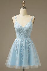 Cute Summer Dress, Light Blue A-line V Neck Appliques Tulle Mini Homecoming Dress