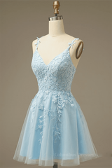Homecoming, Light Blue A-line V Neck Appliques Tulle Mini Homecoming Dress