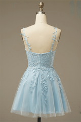 Formal Dress Short, Light Blue A-line V Neck Appliques Tulle Mini Homecoming Dress