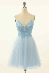 Dress Casual, Light Blue A-line V Neck Beading-Embroidered Tulle Mini Homecoming Dress