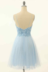 Dressy Outfit, Light Blue A-line V Neck Beading-Embroidered Tulle Mini Homecoming Dress