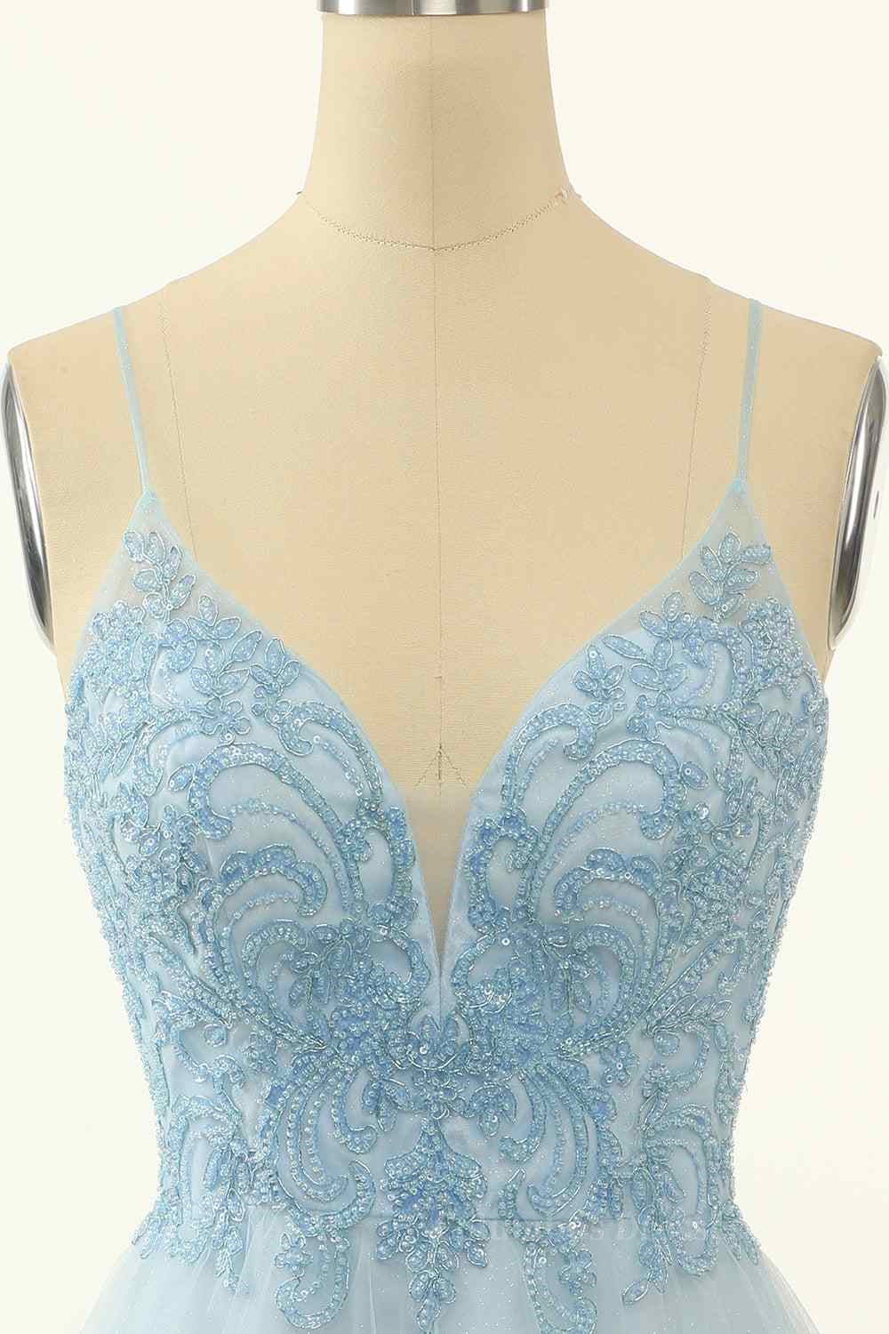 Modest Dress, Light Blue A-line V Neck Beading-Embroidered Tulle Mini Homecoming Dress