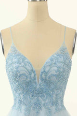 Modest Dress, Light Blue A-line V Neck Beading-Embroidered Tulle Mini Homecoming Dress