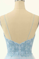 Club Outfit For Women, Light Blue A-line V Neck Beading-Embroidered Tulle Mini Homecoming Dress