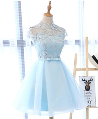 Formal Dress Long Sleeve, Light Blue Applique Short Prom Dress, Blue Homecoming Dress