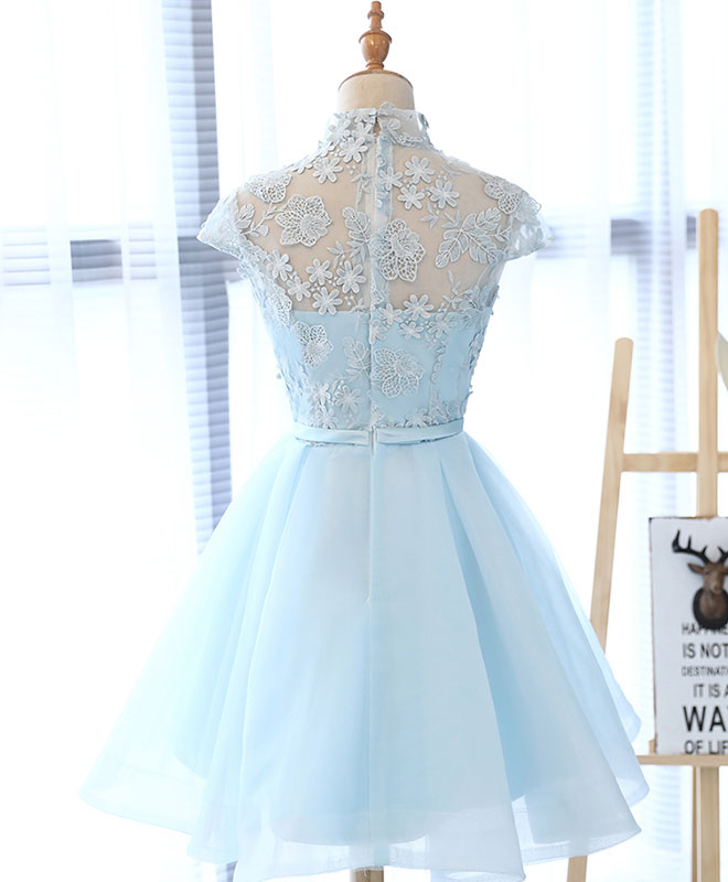 Formal Dress Long Sleeved, Light Blue Applique Short Prom Dress, Blue Homecoming Dress