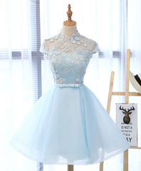 Formal Dresses Australia, Light Blue Applique Short Prom Dress, Blue Homecoming Dress