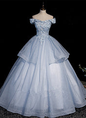 Party Dresses For Summer, Light Blue Ball Gown Tulle with Lace Formal Dress, Blue Sweet 16 Dresses