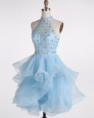 Prom Dressed A Line, Light Blue Beaded Layers Knee Length Party Dress, Blue Homecoming Dress Short Prom Dress