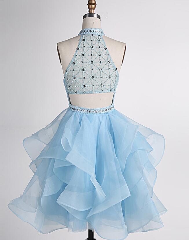 Prom Dresses Green, Light Blue Beaded Layers Knee Length Party Dress, Blue Homecoming Dress Short Prom Dress