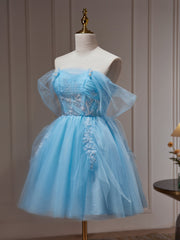 Bridesmaid Dresses Short, Light Blue Beaded Sweetheart Tulle Lace-up Party Dress, Blue Short Homecoming Dress