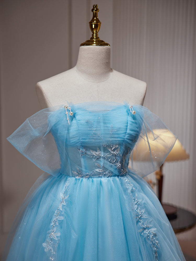 Bridesmaid Dresses By Color, Light Blue Beaded Sweetheart Tulle Lace-up Party Dress, Blue Short Homecoming Dress