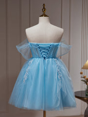 Bridesmaids Dresses By Color, Light Blue Beaded Sweetheart Tulle Lace-up Party Dress, Blue Short Homecoming Dress