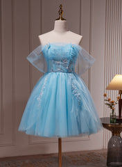 Bridesmaid Dresses Beach, Light Blue Beaded Sweetheart Tulle Lace-up Party Dress, Blue Short Homecoming Dress
