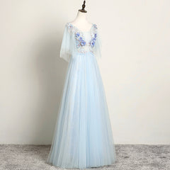 Prom Dress Long Sleeves, Light Blue Flower Lace V-neckline Puffy Sleeves Long Party Dress, Blue Prom Dress Evening Dress