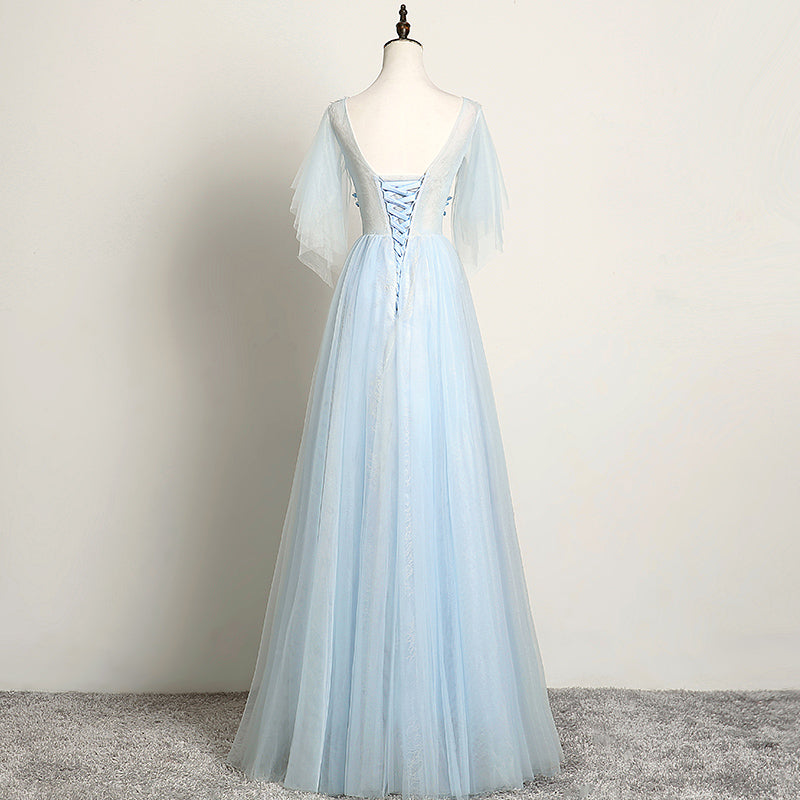 Prom Dress Long Sleeved, Light Blue Flower Lace V-neckline Puffy Sleeves Long Party Dress, Blue Prom Dress Evening Dress