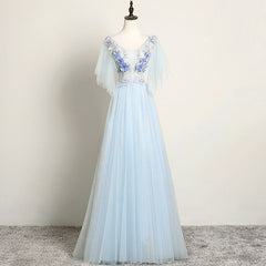 Prom Dress Long Sleeve, Light Blue Flower Lace V-neckline Puffy Sleeves Long Party Dress, Blue Prom Dress Evening Dress
