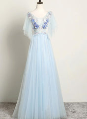 Prom Dresses Long Sleeve, Light Blue Flower Lace V-neckline Puffy Sleeves Long Party Dress, Blue Prom Dress Evening Dress