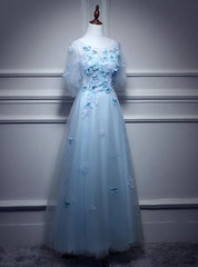 Blue Dress, Light Blue Flowers Long Party Dress, A-line Tulle Party Dress Evening Dress