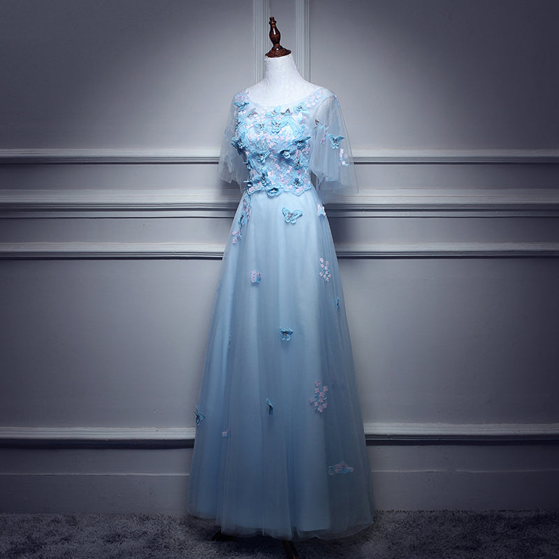 Princess Dress, Light Blue Flowers Long Party Dress, A-line Tulle Party Dress Evening Dress