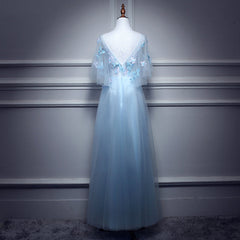 Evening Dress Elegant, Light Blue Flowers Long Party Dress, A-line Tulle Party Dress Evening Dress