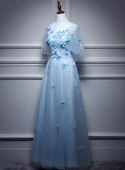 Long Dress, Light Blue Flowers Long Party Dress, A-line Tulle Party Dress Evening Dress