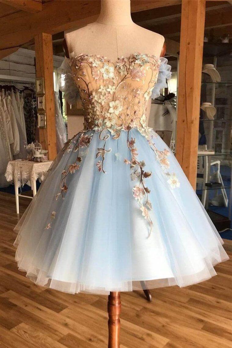 Bridesmaids Dresses Long, Light Blue Homecoming Dresses Floral Applique Graduation Dress