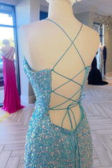 Bridesmaids Dresses On Sale, Light Blue Iridescent Sequin Lace-Up Long Prom Dress with Slit