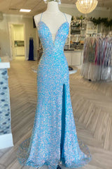 Bridesmaides Dresses Long, Light Blue Iridescent Sequin Lace-Up Long Prom Dress with Slit