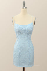 Fancy Dress, Light Blue Lace Straps Tight Mini Dress