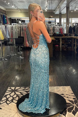 Light Blue Lace-Up Back Sequins Prom Dress with Slit