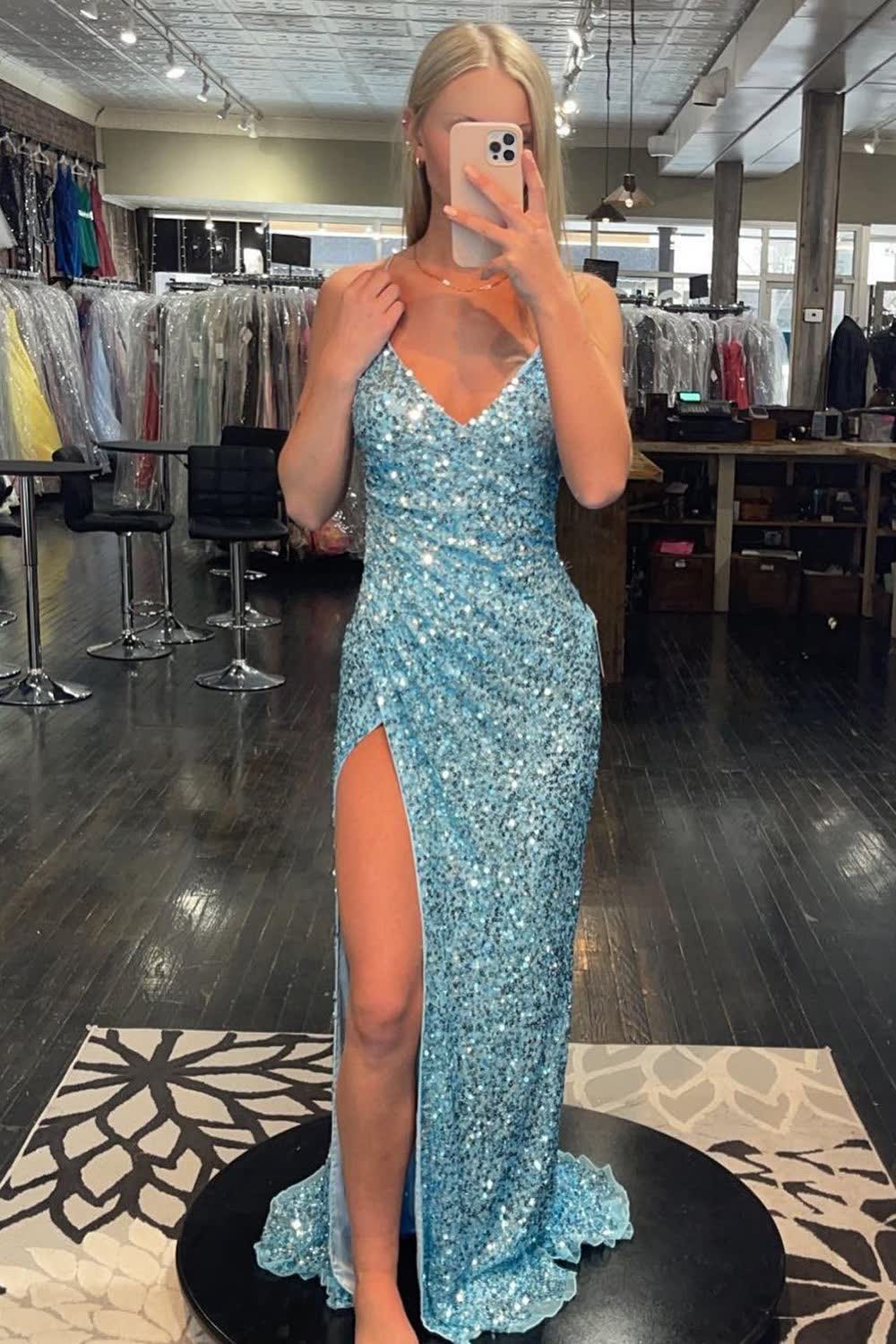 Light Blue Lace-Up Back Sequins Prom Dress with Slit