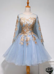Prom Dress Yellow, Light Blue Long Sleeves with Gold Lace Cute Homecoming Dress, Blue Short Prom Dress