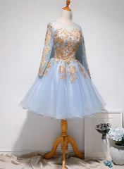 Dress, Light Blue Long Sleeves with Gold Lace Cute Homecoming Dress, Blue Short Prom Dress