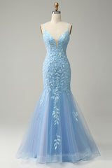 Bridesmaid Dress Long Sleeves, Light Blue Mermaid Lace-Up Appliques Tulle Long Prom Dress