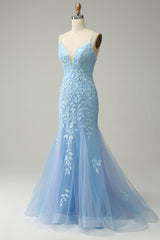 Bridesmaid Dresses Mismatched Spring Colors, Light Blue Mermaid Lace-Up Appliques Tulle Long Prom Dress