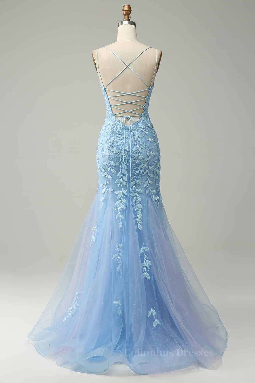 Bridesmaids Dresses Winter Wedding, Light Blue Mermaid Lace-Up Appliques Tulle Long Prom Dress