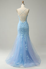 Bridesmaids Dresses Winter Wedding, Light Blue Mermaid Lace-Up Appliques Tulle Long Prom Dress