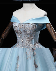 Prom Dress Fitted, Light Blue Off Shoulder Flowers Tulle Long Party Dress, Light Blue Sweet 16 Dress