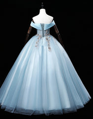 Prom Dress Long Formal Evening Gown, Light Blue Off Shoulder Flowers Tulle Long Party Dress, Light Blue Sweet 16 Dress