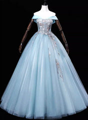 Prom Dresses For Brunettes, Light Blue Off Shoulder Flowers Tulle Long Party Dress, Light Blue Sweet 16 Dress