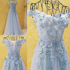 Bridesmaid Dress Styles Long, Light Blue Off Shoulder Long Party Dress with Flowers, Tulle Blue Evening Dress Prom Dress